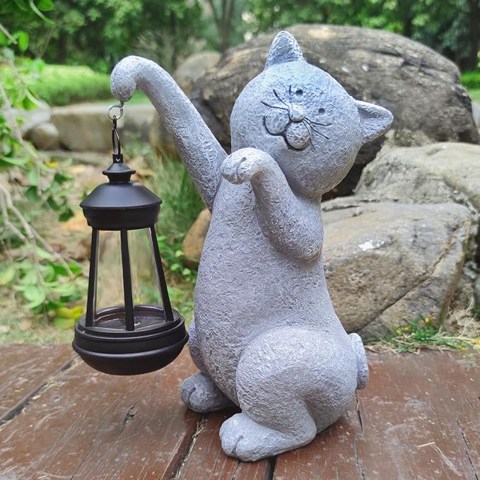 Cat Solar Garden Statues, Resin Cat Figurine Decorations - Image 3