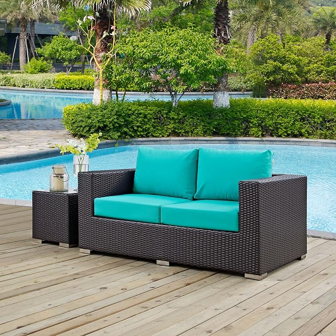 Modway Convene Wicker Rattan Outdoor Patio Loveseat in Espresso Turquoise - Image 2