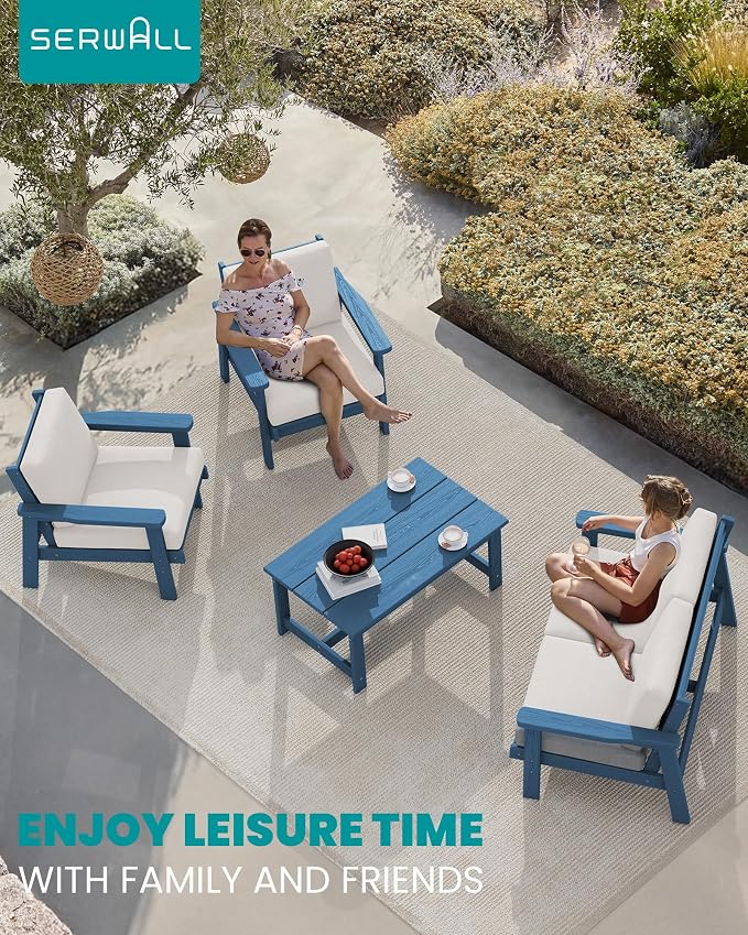 SERWALL 4 Piece HDPE Outdoor Furniture Set, All Weather Wood-Like Outdoor Sofa - Image 9