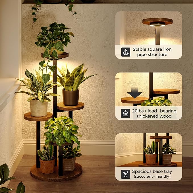 Bamworld Plant Stand with Grow Lights Indoor Plant Stand Tall Metal Wood Plant - Image 3