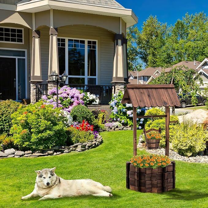 UDPATIO Rustic Solid Fir Wood Wishing Well Planter - Image 8