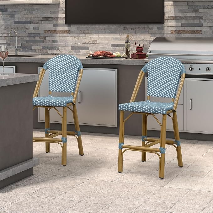 PURPLE LEAF French Counter Height Bar Stools Set of 2 Bamboo Print Finish - Image 2