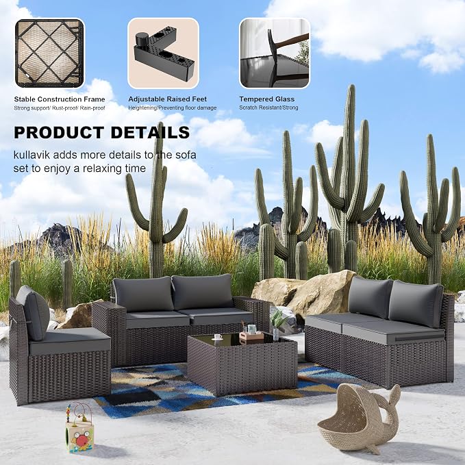 Kullavik Outdoor Patio Furniture Set 6 Pieces Sectional Rattan Sofa Set Brown - Image 3