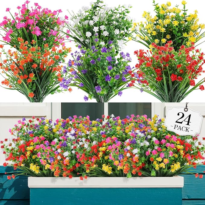 AGIRL 24 Bundles Artificial Flowers Outdoor, No Fade Fake Plastic Flowers Faux by AGIRL