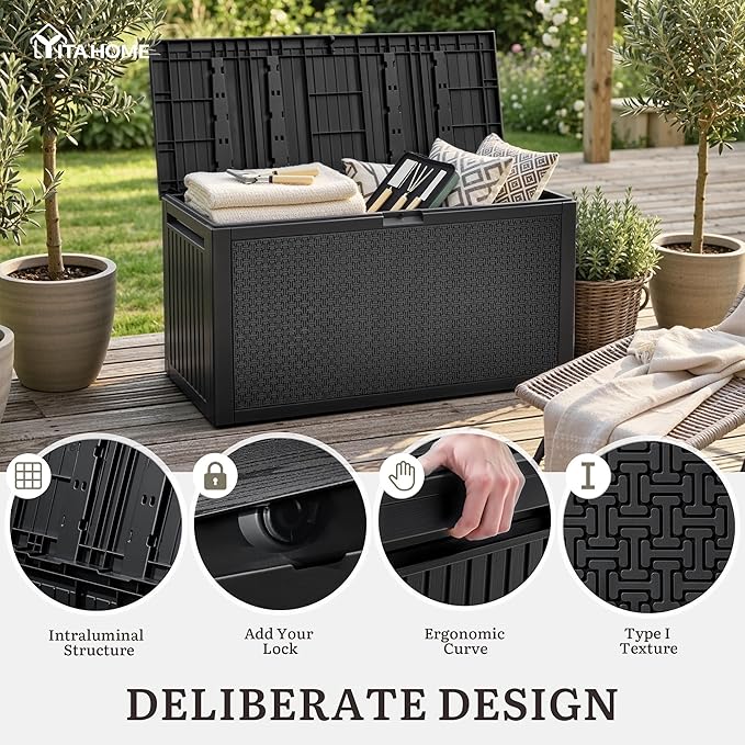 YITAHOME 90 Gallon Large Outdoor Deck Box, Lockable Waterproof Resin Storage Box - Image 4