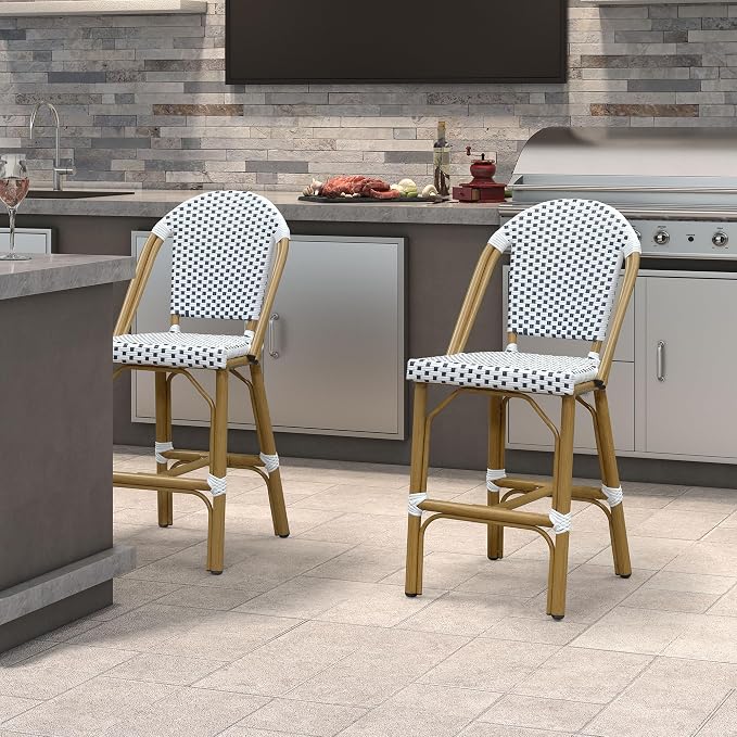 PURPLE LEAF French Counter Height Bar Stools Set of 2 Bamboo Print Finish - Image 2