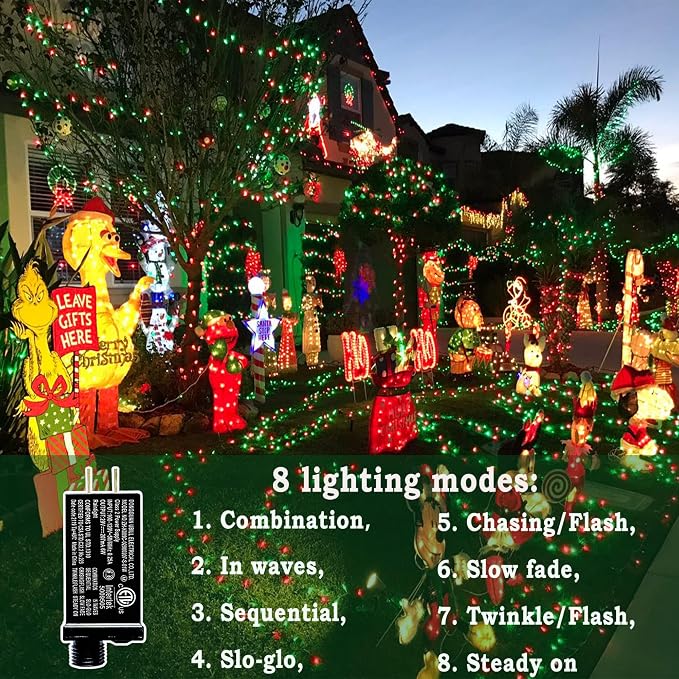 KNONEW Outdoor Christmas Lights 500 LED 197ft String Lights 8 Modes & Memory - Image 2