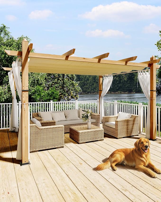 10x13 Ft Outdoor Pergola with Retractable Canopy Aluminum Gazebo Imitation by KYBOLT
