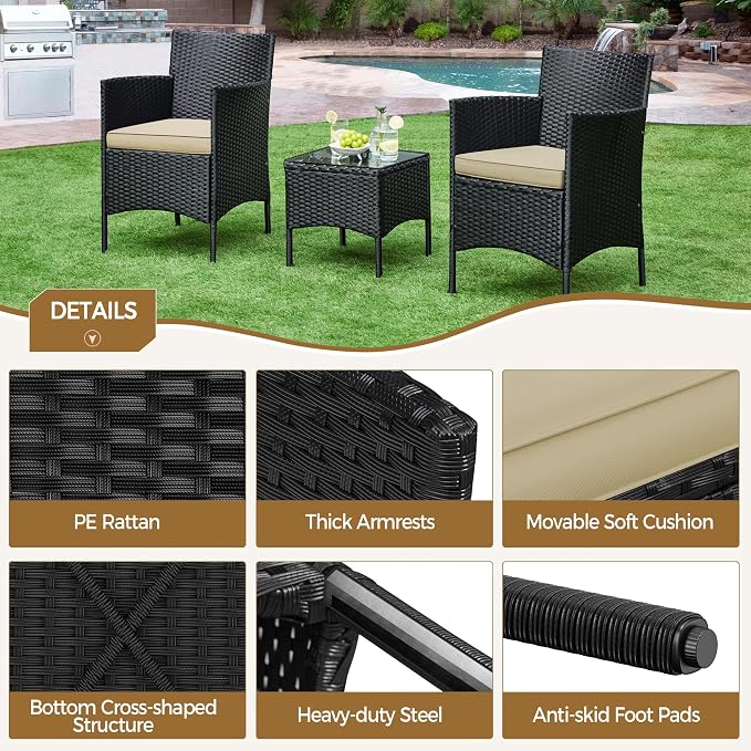 Yaheetech 3 Pieces Patio Conversation Set, Outdoor Rattan Bistro Furniture - Image 7