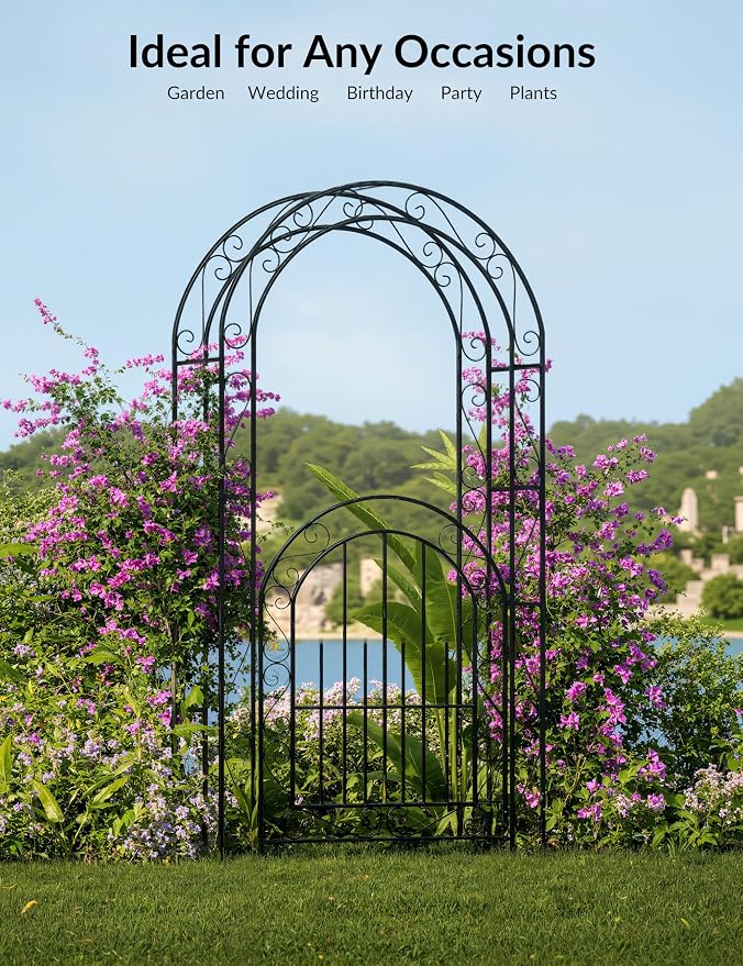 8FT Garden Arch with Gate, Heavy-Duty Metal Wedding Arbor Trellis - Image 6