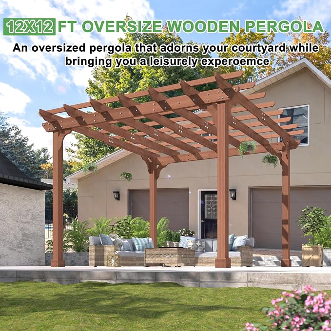 BlueWish 12'x12' Pergola with Solid Cedar Wood Frame, Patio Wood Gazebo - Image 7