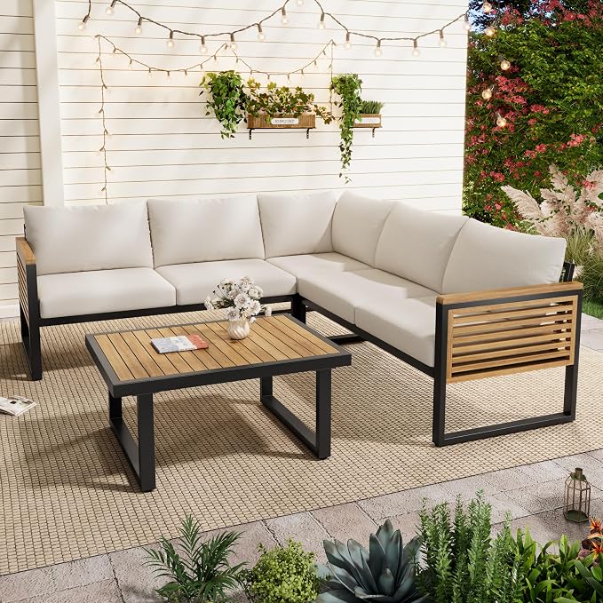 Outdoor Patio Furniture Set, 4-Piece Acacia Wood and Metal Patio Sofa Corner Set - Image 2