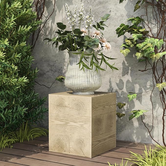 COSIEST Outdoor Side Table Faux Wood Patio End Table, Hand-Painted Wooden Plant - Image 3