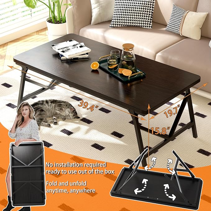 Folding Coffee Table, No Assembly Low Coffee Table, Floor Table Desk - Image 4
