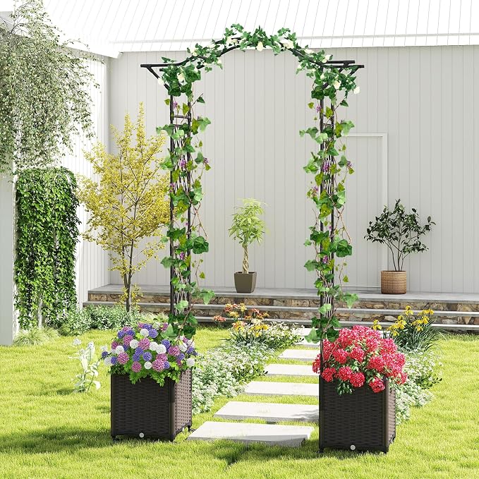 Giantex 8.2 FT Garden Arch Trellis w/ 2 Self-Watering Planter Boxes, Metal - Image 2