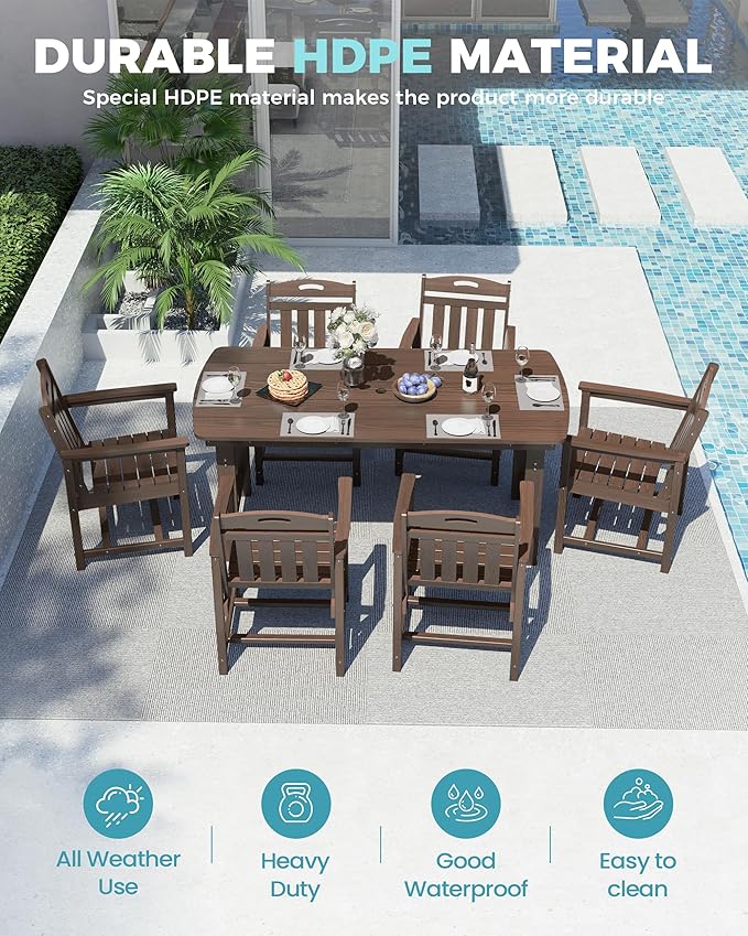 Ciokea HDPE Outdoor Dining Set, 7-Piece Patio Table and Chairs Set - Image 3