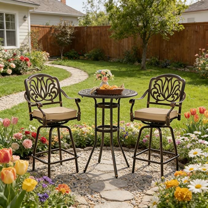 3 Piece Swivel Outdoor Table and Chairs Bar Set, All-Weather Cast Aluminum - Image 2