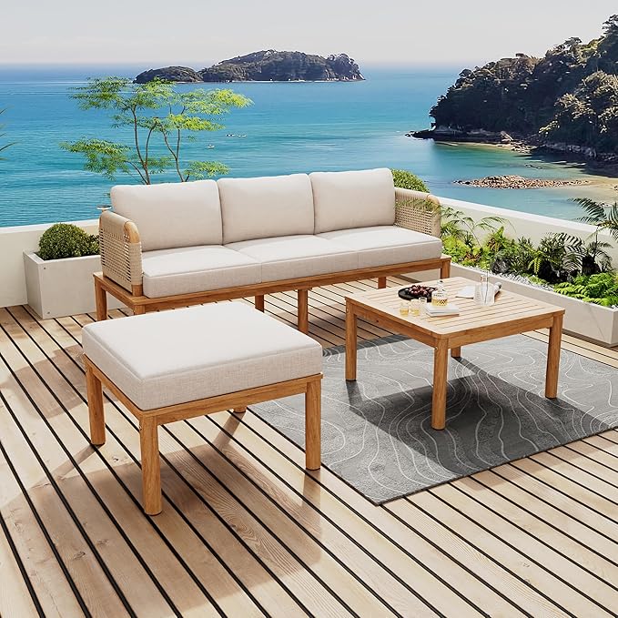 3-Piece L-Shape Outdoor Furniture Set, Outdoor Acacia Wood and Rope Patio Sofa by JIVOIT