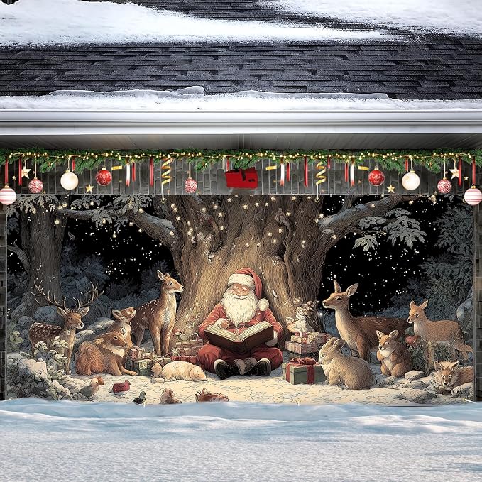 Santa Reading with Woodland Animals Garage Door Banner 6x13FT, Cozy Forest - Image 7