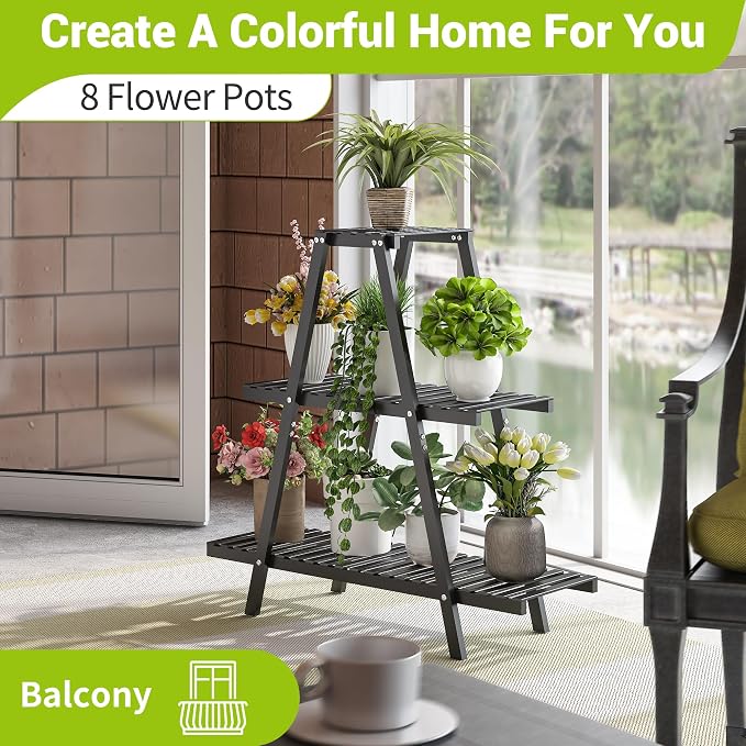 BMOSU Plant Stand Bamboo for Indoor Outdoor Tiered Plant Shelf 8 Potted Flower - Image 6
