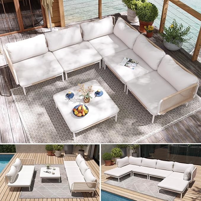 6 Piece Modern Outdoor Sectional Sofa, Weather-Resistant Metal Frame and - Image 7
