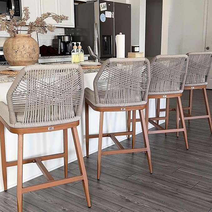 PURPLE LEAF Counter Height Bar Stools Set of 4 Rattan Chair Boho Wicker Metal by PURPLELEAF