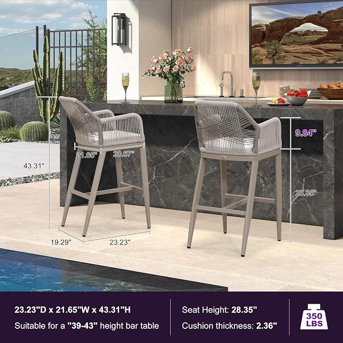 PURPLE LEAF Patio Sunbrella Bar Height Stools 28" H Set of 4 Boho Rattan - Image 2
