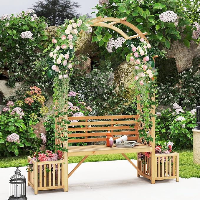 Giantex Outdoor Bench with Garden Arch & Planters, Wooden Pergola Archway - Image 9