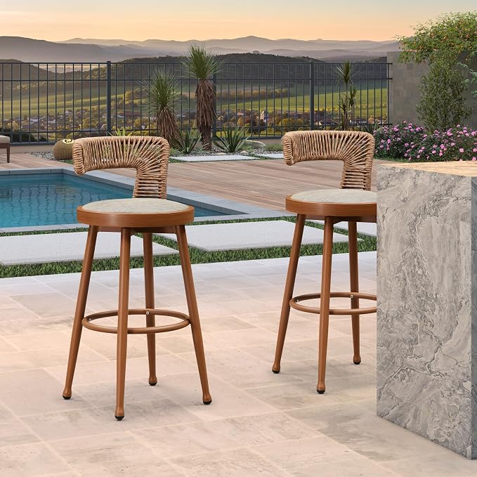 PURPLE LEAF Outdoor Swivel Bar Height Stools Set of 2 Metal Modern Wicker Bar - Image 4
