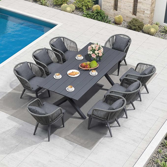 PURPLE LEAF 9 Pieces Patio Dining Set Wicker Outdoor Furniture Rectangular by PURPLELEAF