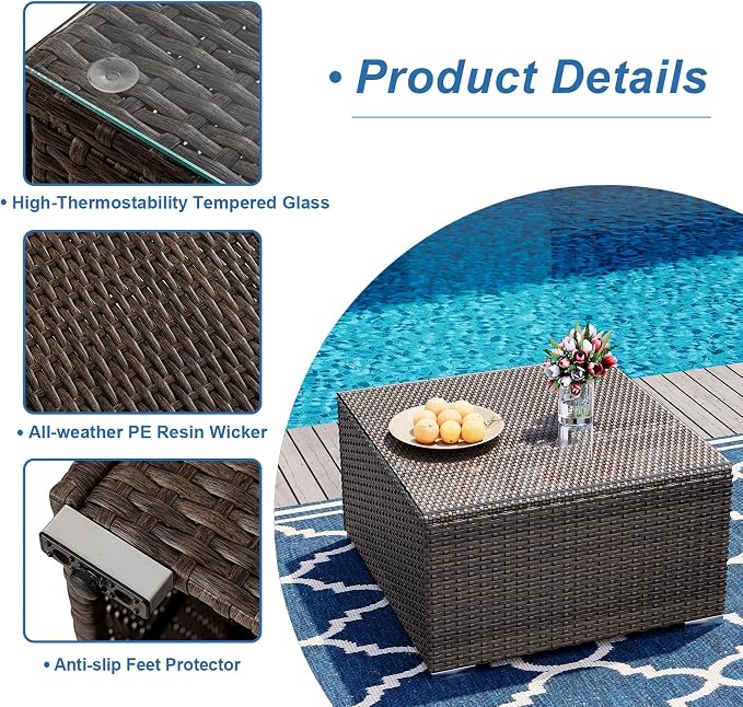 COSIEST Outdoor Furniture Brown Wicker Glass-Top Coffee Table - Image 4