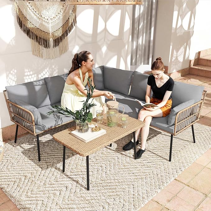 DWVO 4-Piece Outdoor Sectional Sofa Set, All-Weather Wicker L-Shaped 5-Seater - Image 2