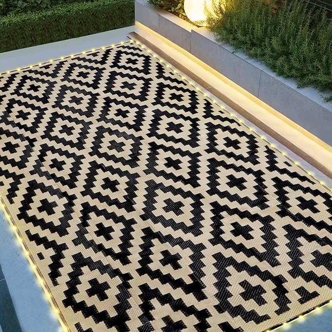 SAND MINE Reversible Mats with Led Strip Lights, Plastic Straw Rug, Modern Area by SANDMIND