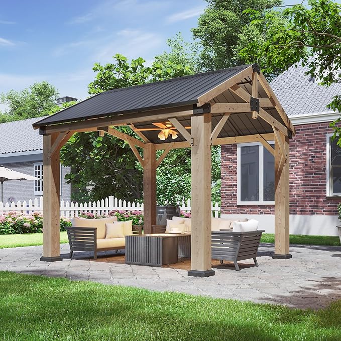 Aoxun 10' x 10' Outdoor Wood Gazebo, Hardtop Gazebo Permanent Wooden Pavilion by Aoxun