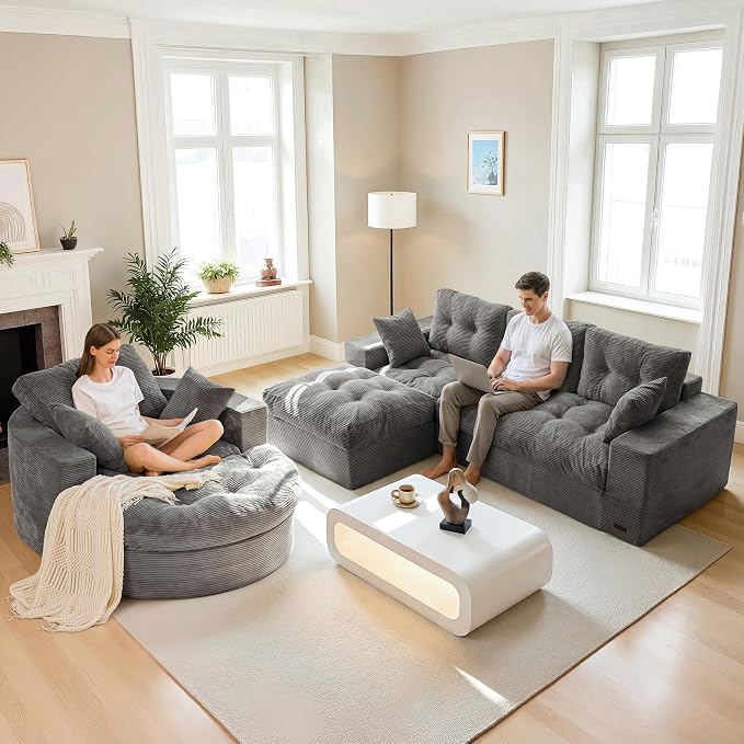 MAXYOYO L Shape Sectional Sofa Couch and Round Chaise Lounge, Modern Cloud Couch by MAXYOYO