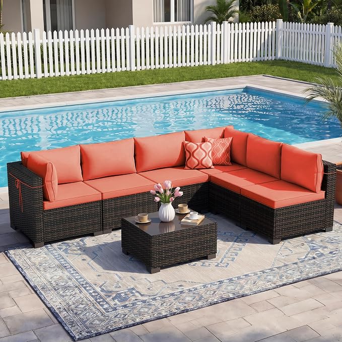 LEVELEVE 7 Pieces Outdoor Patio Furniture Sets, Rattan Conversation Sectional - Image 7