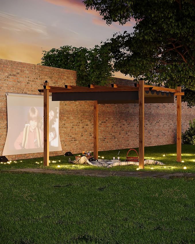 10x13 Ft Outdoor Pergola with Retractable Canopy Upgraded Aluminum Wood Grain - Image 7