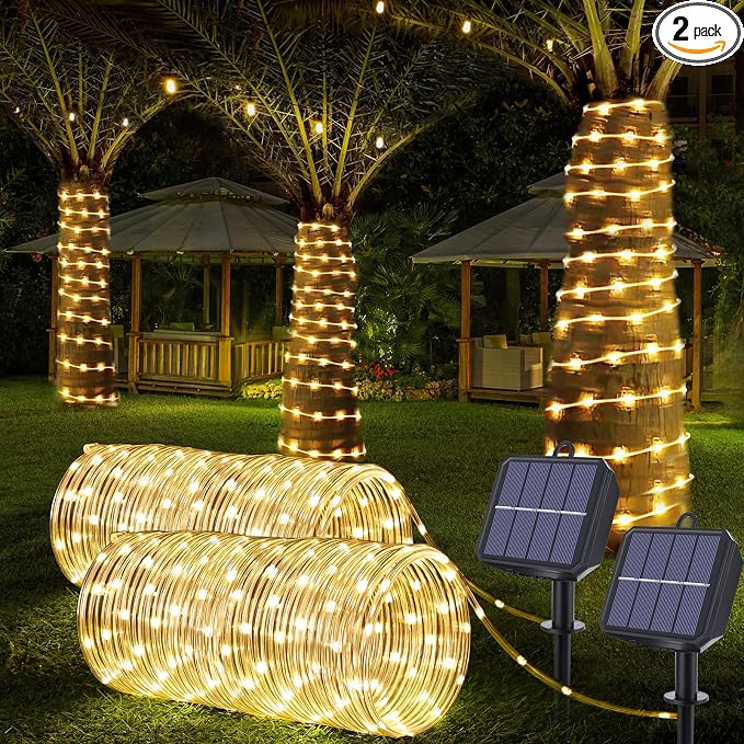 Solar Rope Lights, 2 Pack Total 66ft 200LED Solar String Lights, 8 Modes by Jnaurb