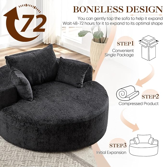 Oversized Round Chaise Longue Chair Indoor, Modern 55-inch Upholstered Chenille - Image 7