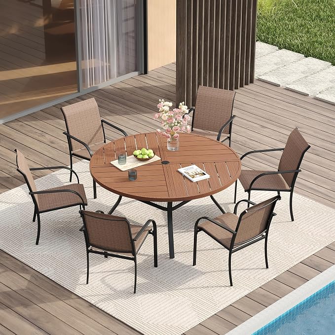 VICLLAX Patio Table and Chair Set of 6, All Weather Metal Round Outdoor Dining by HOME