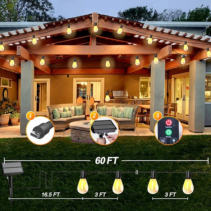 60FT Solar String Lights Outdoor Waterproof - Image 2