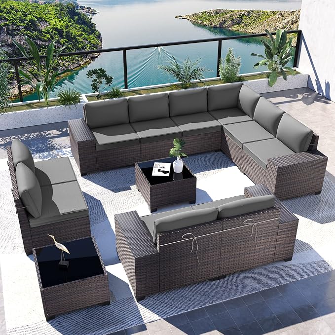Kullavik Outdoor Patio Furniture Set, 12 Pieces Sectional Rattan Sofa Set Brown by KULLAVIK