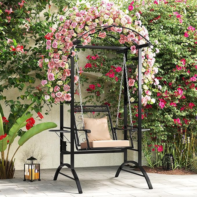 Tangkula Porch Swing with Stand, Outdoor Patio Swing with Heavy-Duty Metal Frame - Image 2
