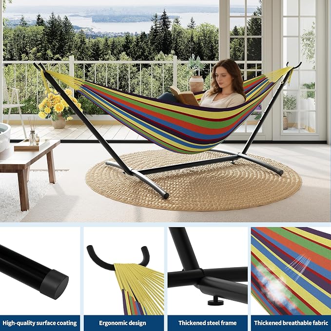 Double Hammocks with Stand for Outside, Portable Space Saving Heavy-Duty Steel - Image 3
