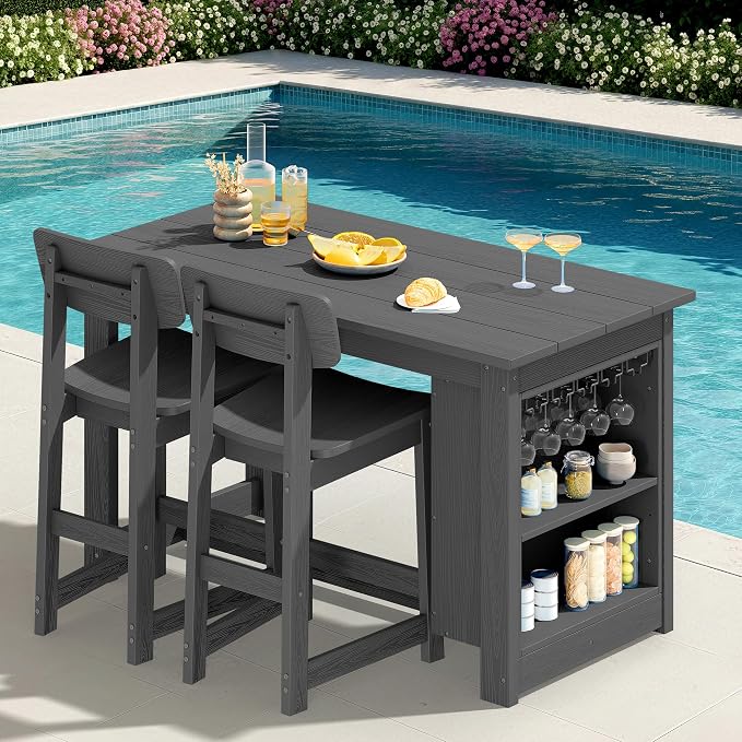 SERWALL 3-Piece Outdoor Counter Height Bar Set, HDPE Patio Bar Table by SERWALL