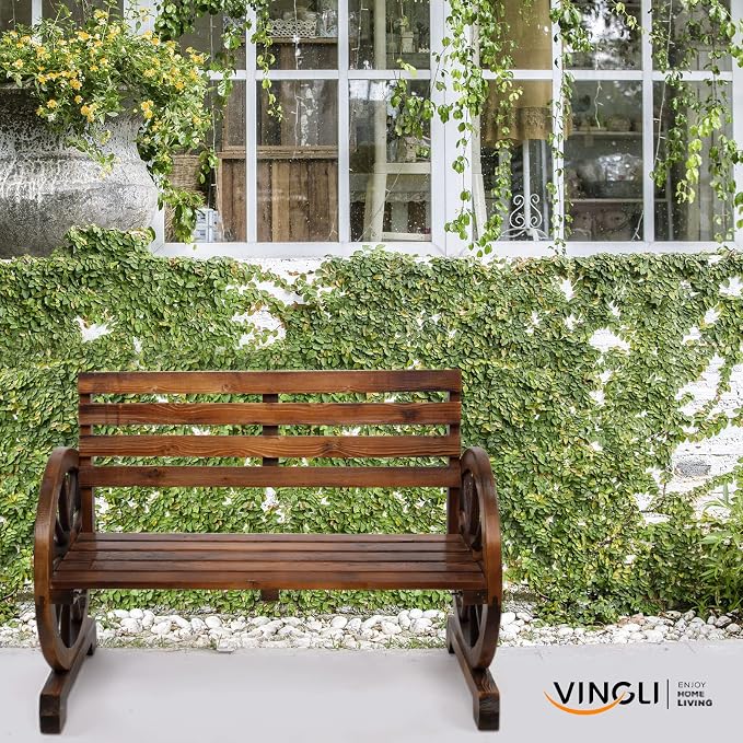 VINGLI Rustic Wooden Wheel Bench Outdoor Bench, Patio Bench Wagon Slatted Seat - Image 7