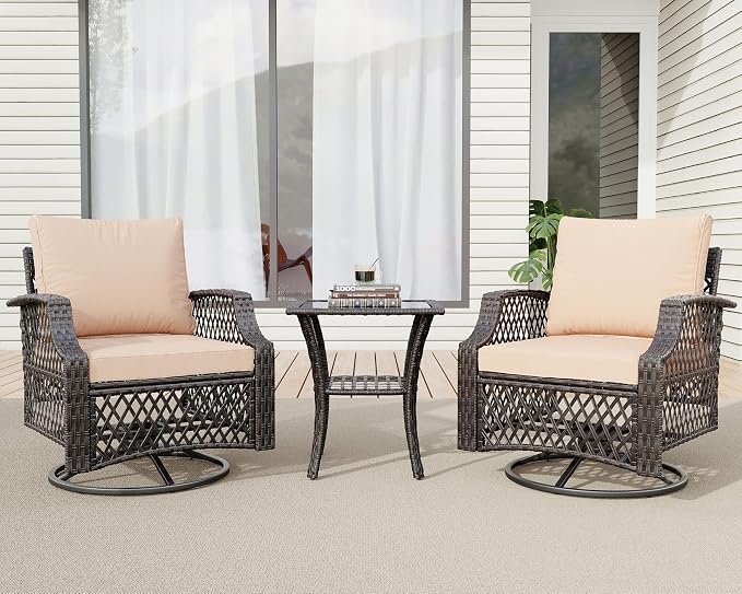 HOMREST 3 Piece Outdoor Swivel Chair Set, Wicker Patio Bistro Set by HOMREST