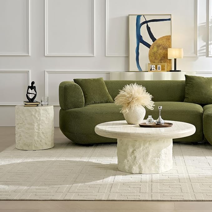 Coffee Table Set of 2, Round Fiberglass Imitation Stone Table Cement Rock by JURMALYN