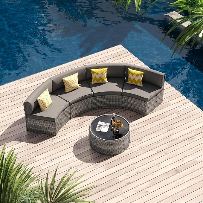 Patio Sectional Furniture, Outdoor 5-Piece Grey Rattan Curved Sofa Set - Image 6