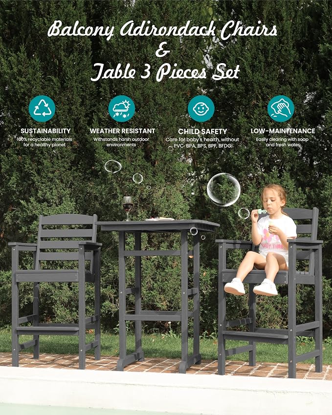 SERWALL Tall Adirondack Chairs Set of 2, Oversize Balcony Adirondack Chairs Set - Image 5